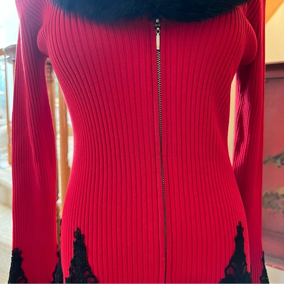 Vintage WR Red Zipper Front Lace Embellished Sweater Faux Fur Collar Sz M NWT - Picture 3 of 11